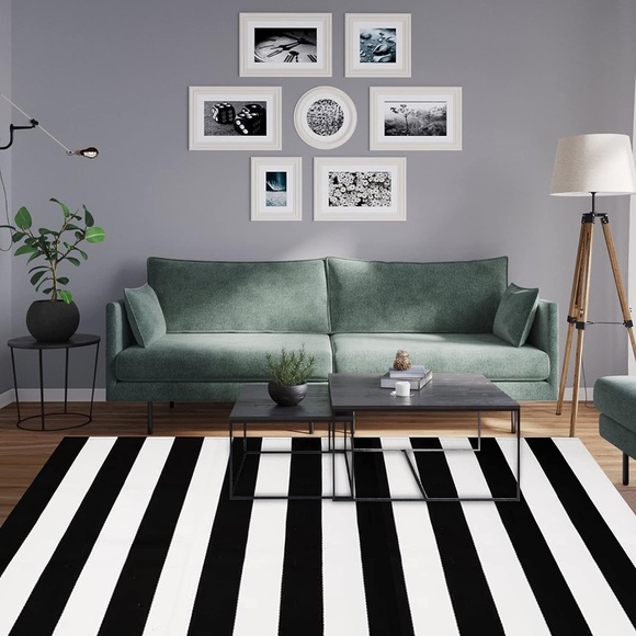 MUBIN Cotton Black & White Striped Rug 27.5"x 43" Outdoor Reversible Hand Woven - Picture 7 of 7